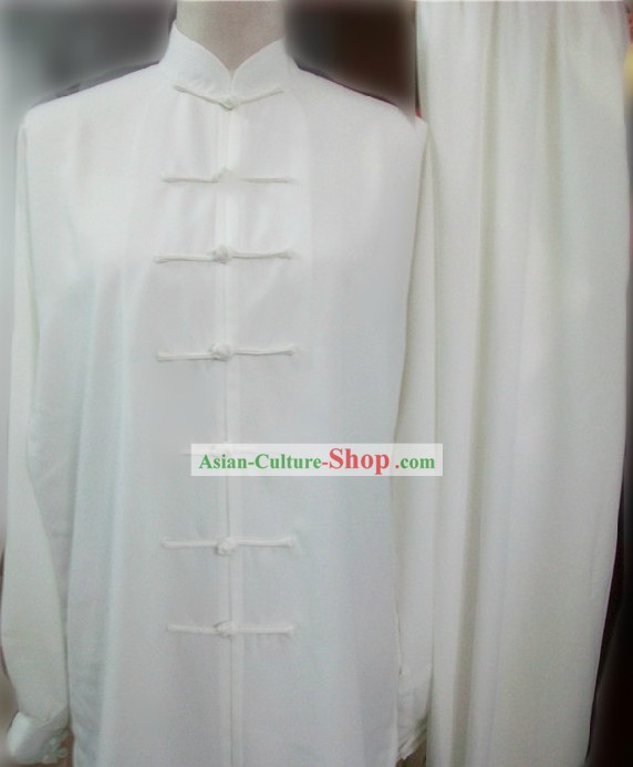 Plain White Cotton and Silk Kung Fu Dress and Pants