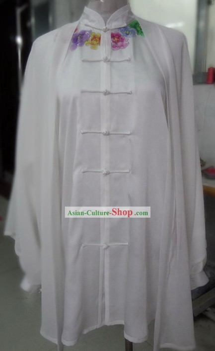 Supreme Silk White Embroidered Flower Tai Chi Clothes, Pants and Cape