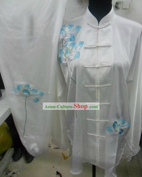 White Silk Lotus Embroidery Tai Chi Dress for Women
