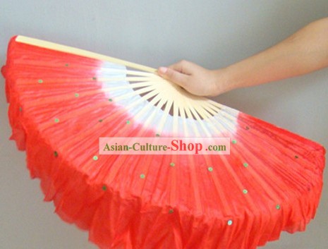 Chinese Color Transitional White and Red Sequins Silk Dance Fan