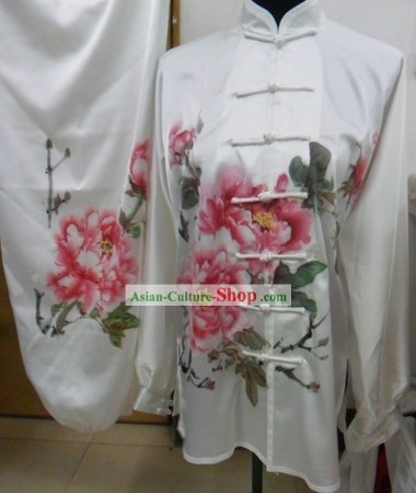 Long Sleeve Silk Hand Painted Peony Tai Chi Competition Uniforms for Women