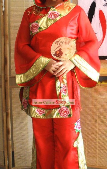Ancient Chinese Red Fan Dance Costume Complete Set