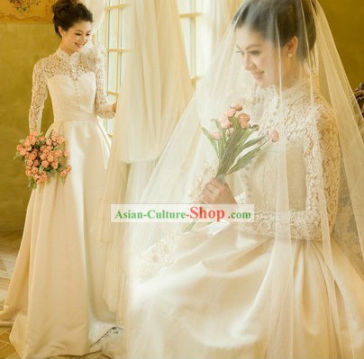 Modern Chinese Mandarin Collar Romantic Wedding Bridal Veil Dress