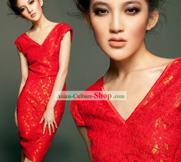 Simple Lucky Red Wedding Evening Dress