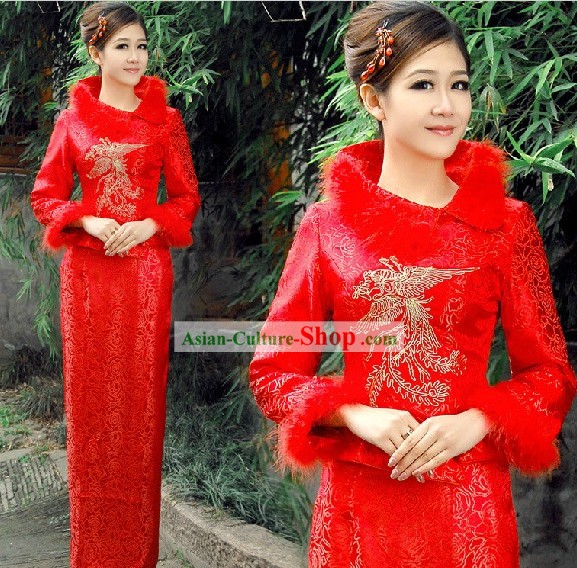 Traditional Chinese Red Phoenix Wedding Dress Set for Brides