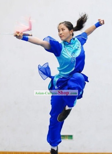 Blue Chinese Martial Arts Kung Fu Competition Silk Uniforms for Women