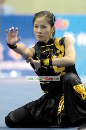 Black Chinese Martial Arts Kung Fu Competition Silk Suit for Women