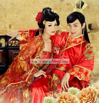 Ancient Chinese Wedding Clothes Two Sets and Hair Accessories for Bride and Bridegroom