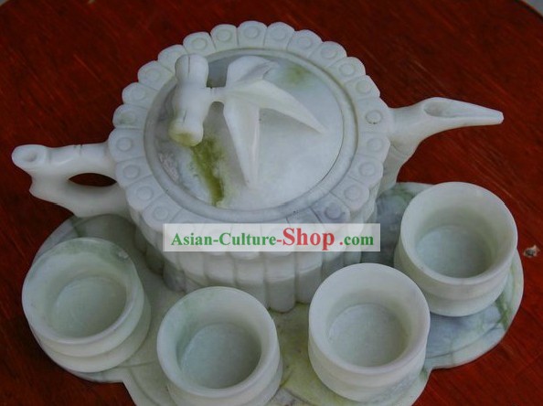 Chinese Lantian Jade Stone Bamboo Shape Teapot