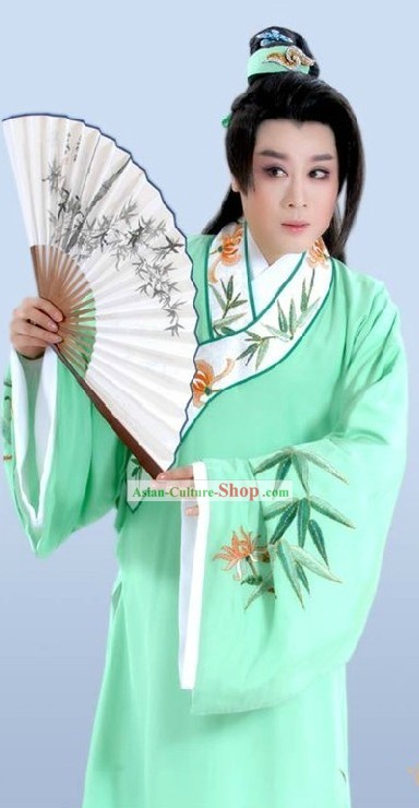 Chinese Opera Light Green Embroidered Bamboo Costumes for Men
