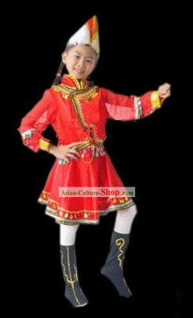 Chinese Ethnic Mongolian Dance Costumes and Hat for Kids