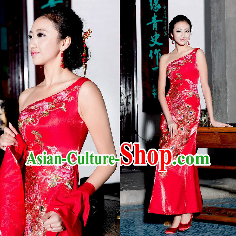 Chinese Classic Red Peacock Evening Dress for Women