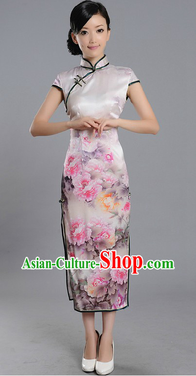 Traditional Chinese Silk Peony Qipao Cheongsam for Women