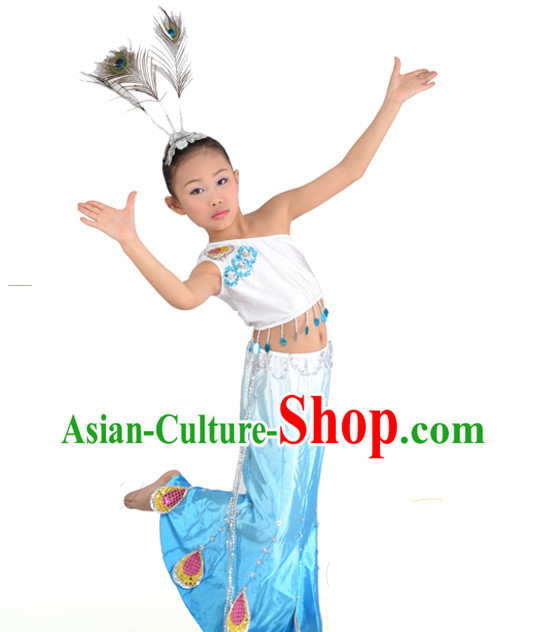 Chinese Dai Ethnic Peacock Dance Costumes and Hair Accessories for Kids