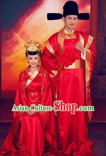 Chinese Classical Wedding Dresses and Hats Two Complete Sets for Brides and Bridegroom