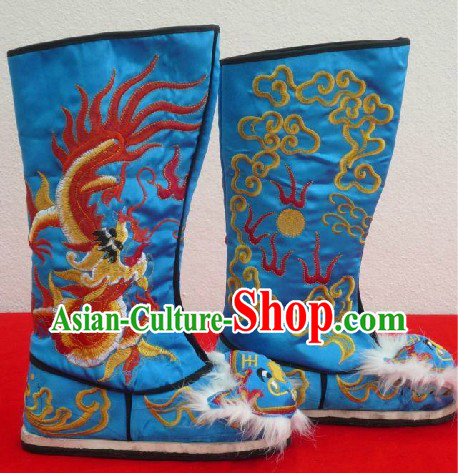 Chinese Classical Blue Embroidered Dragon Long Boots for Men