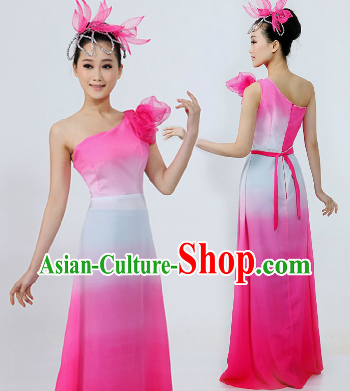 Chinese Pink and White Color Transition Group Dance Costume and Headpiece