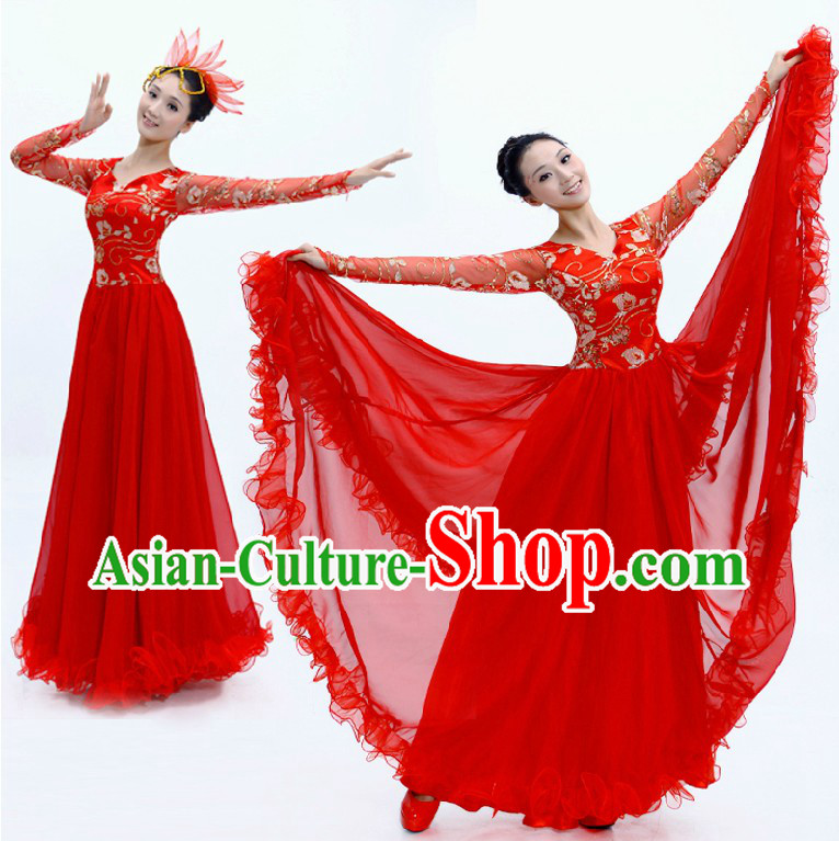 Traditional Chinese Red Dance Costumes and Headwear for Women