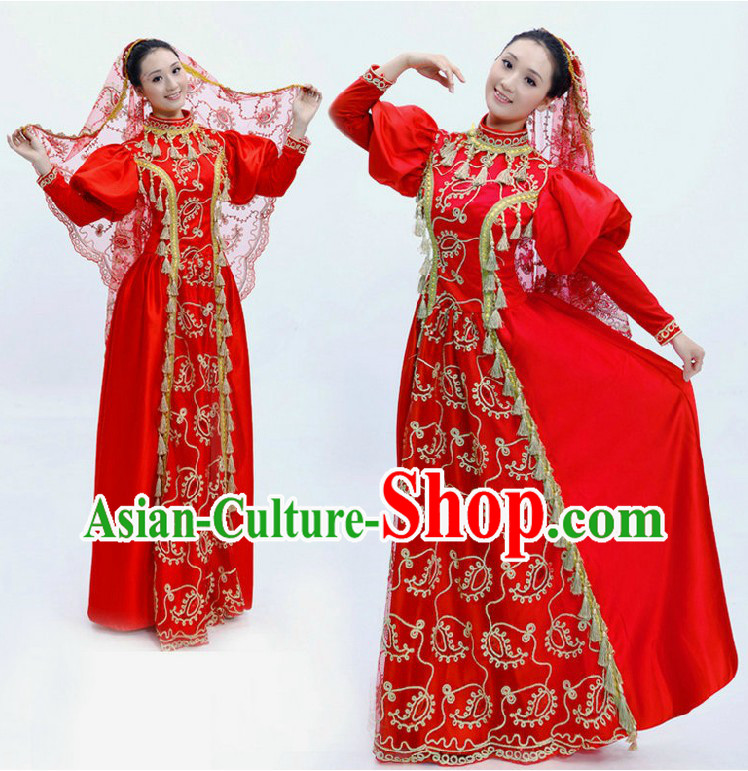 Traditional Chinese Red Minority Dance Costumes and Veil for Women