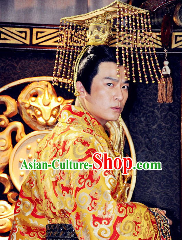 Ancient Chinese Emperor Dragon Robe and Hat Complete Set for Men