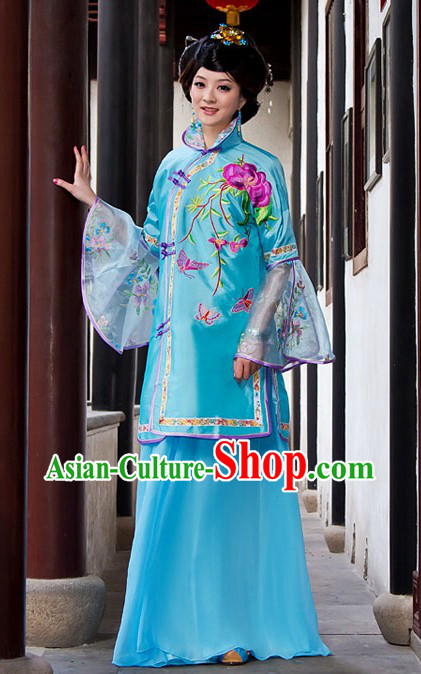 Traditional Chinese Blue High Collar Butterfly and Flower Clothing