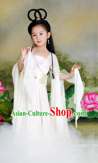 Ancient Chinese Xiao Long Nv White Fairy Costume and Wig for Children