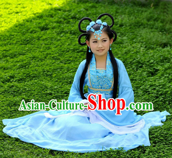 Ancient Chinese Blue Fairy Costume and Wig for Children