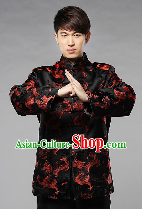 Traditional Chinese Black Blouse with Red Dragon