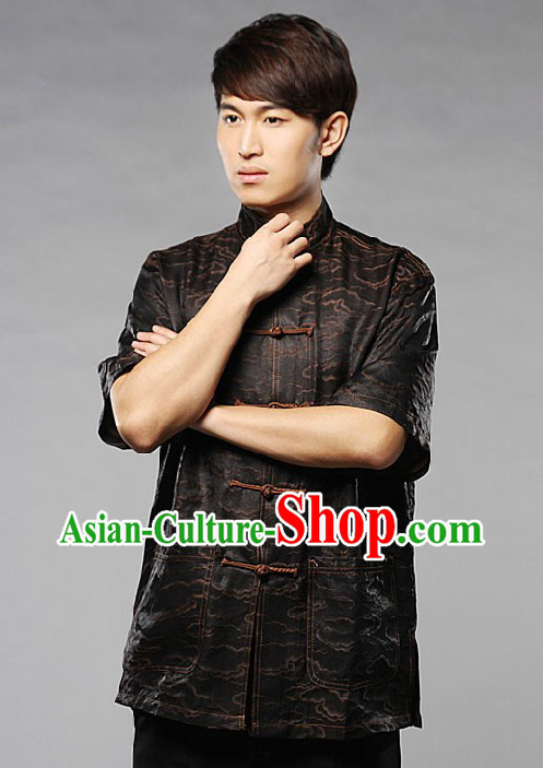 Traditional Chinese Silk Black Auspicious Cloud Blouse for Men