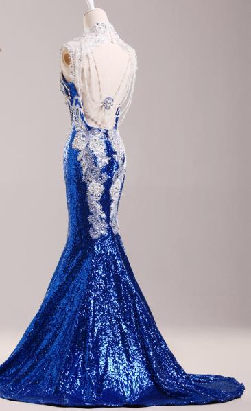 Stunning Chinese Long Tail Blue Evening Dress