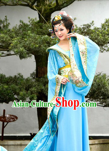 Ancient Chinese Blue Long Tail Clothes for Women