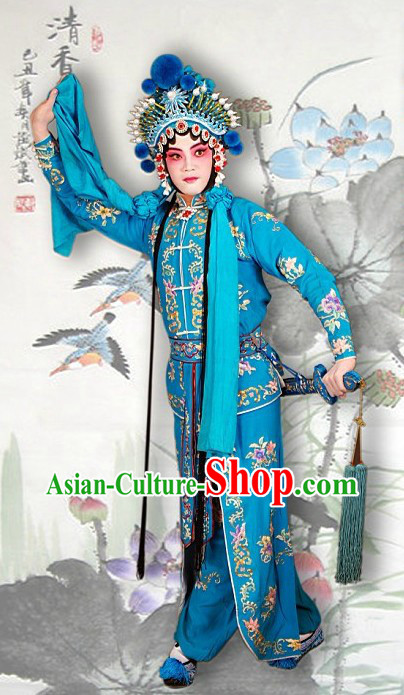 Chinese Peking Opera Blue Dance Costumes and Hat Complete Set