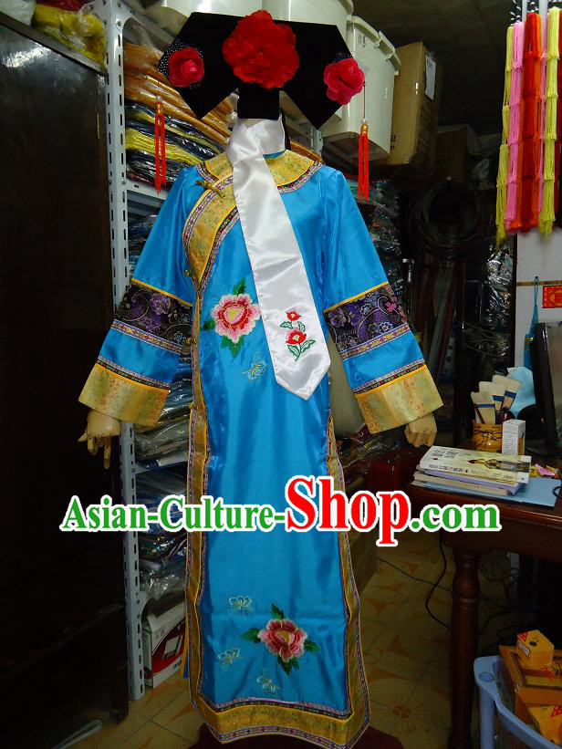 Ancient Chinese Palace Blue Costume and Hat Complete Set