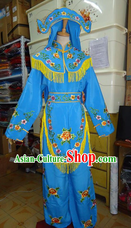 Ancient Chinese Blue Opera Costume and Hat for Women