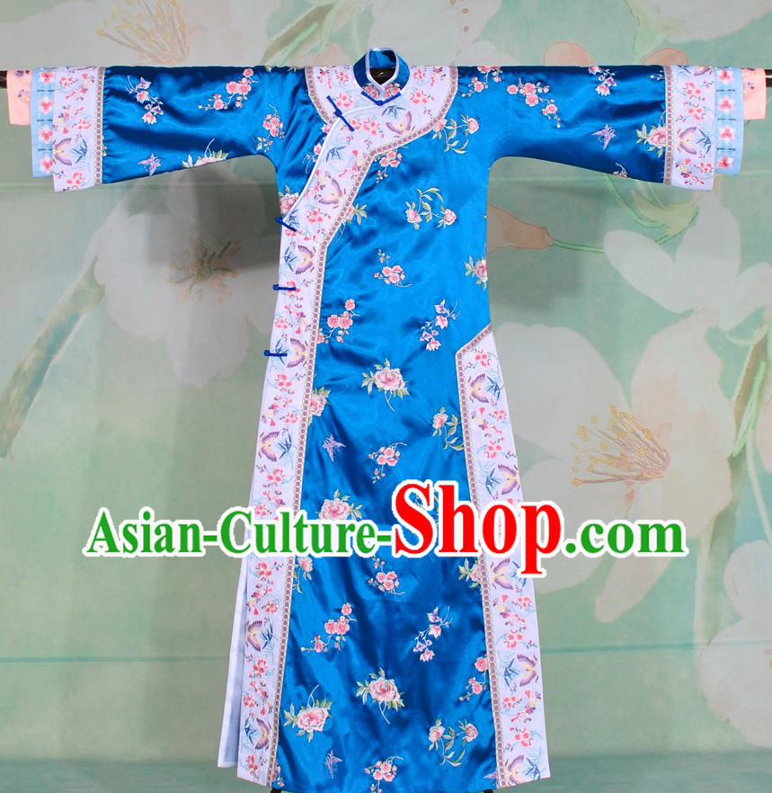 Qing Dynasty Blue Embroidered Flower Princess Clothes Complete Set