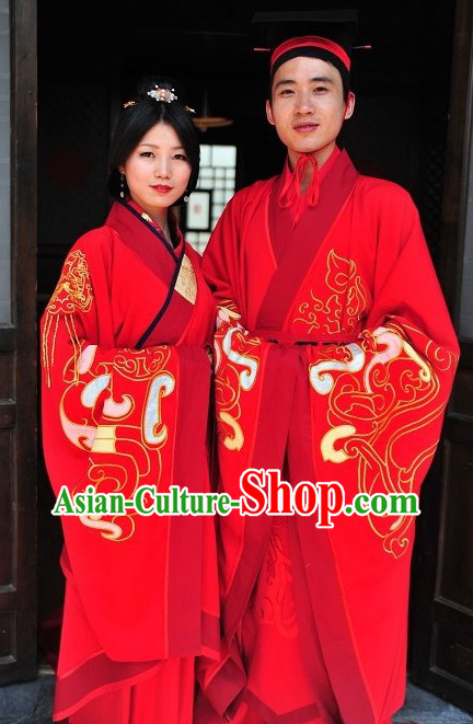 Ancient Chinese Red Hanfu Wedding Dress Two Complete Sets for Bride and Bridegroom