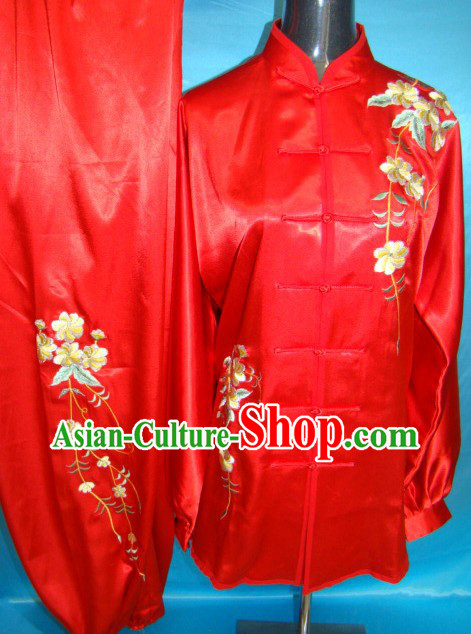 Chinese Classical Red Embroidered Flower Kung Fu Clothing Set for Women