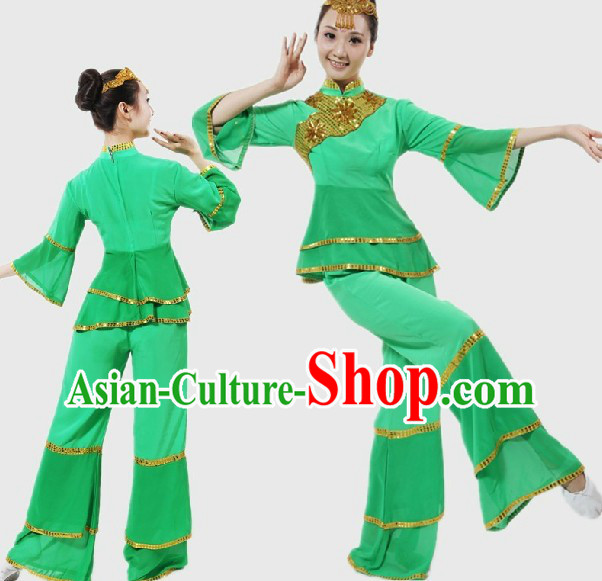 Chinese Classical Green Fan Dancing Costume for Women