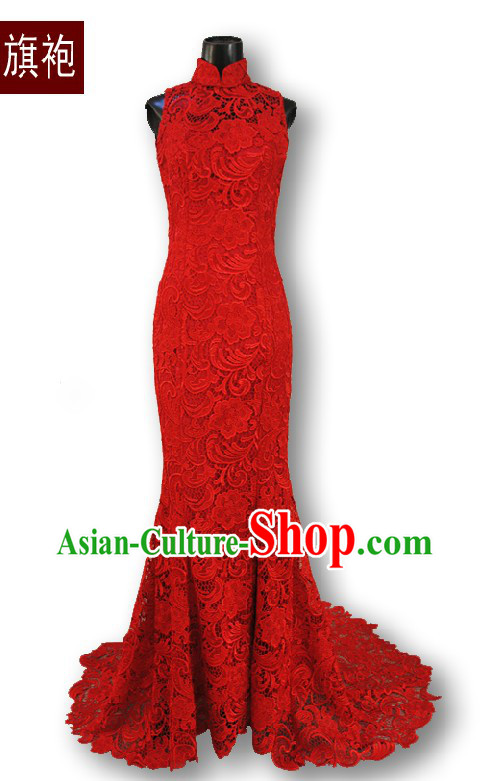 Supreme Long Tail Red Lace Palace Wedding Cheongsam Qipao for Brides