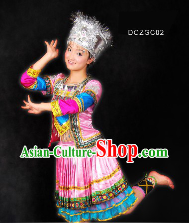 Traditional Chinese Dong Minority Dance Clothes and Hat for Women