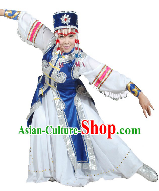 Traditional Chinese Mongolian Dancing Costume and Hat for Women