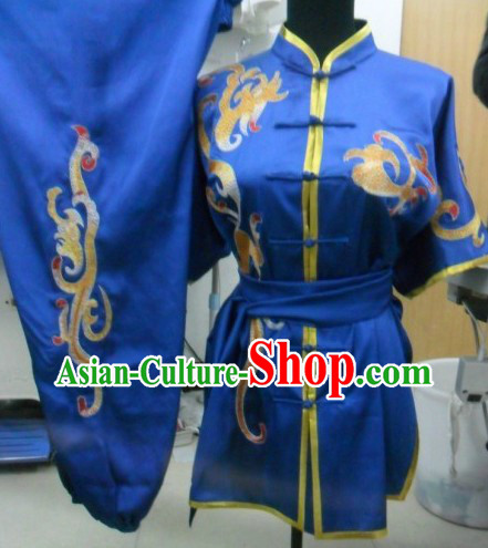 Chinese Classical Blue Embroidered Phoenix Tail Tai Chi Uniform
