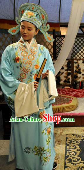 Chinese Beijing Opera Light Blue Costumes and Hat