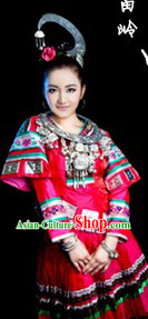 Traditional Chinese Miao Minority Outfit and Headpiece for Women