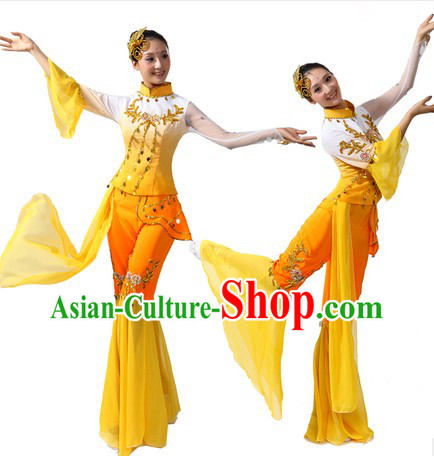 Chinese Stage Performance Ribbon Handkerchief and Fan Dance Costumes and Headwear for Women