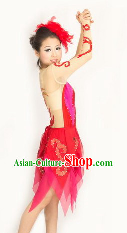 Traditional Chinese Red Phoenix Pattern Modern Dance Costumes and Headwear for Women
