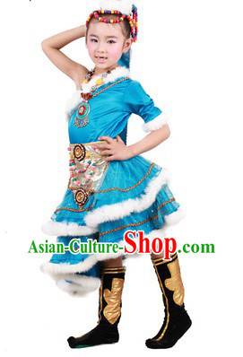 Blue Chinese Tibetan Minority Dance Costumes and Headwear for Kids