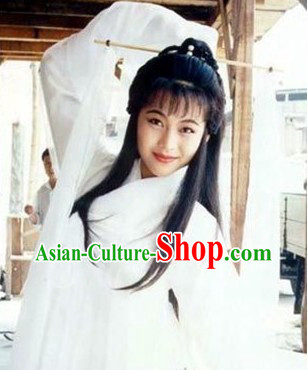 Ancient Chinese White Guzhuang Costumes and Headwear for Women