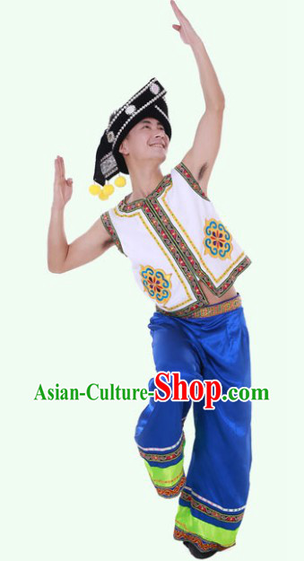 Traditional Chinese Yi Minority Jacket Clothes and Headpieces for Men