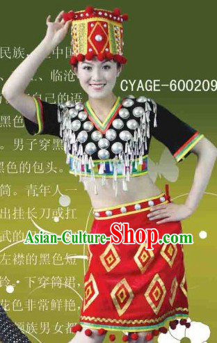 Traditional Chinese Jingpo Dresses and Hat Complete Set for Women